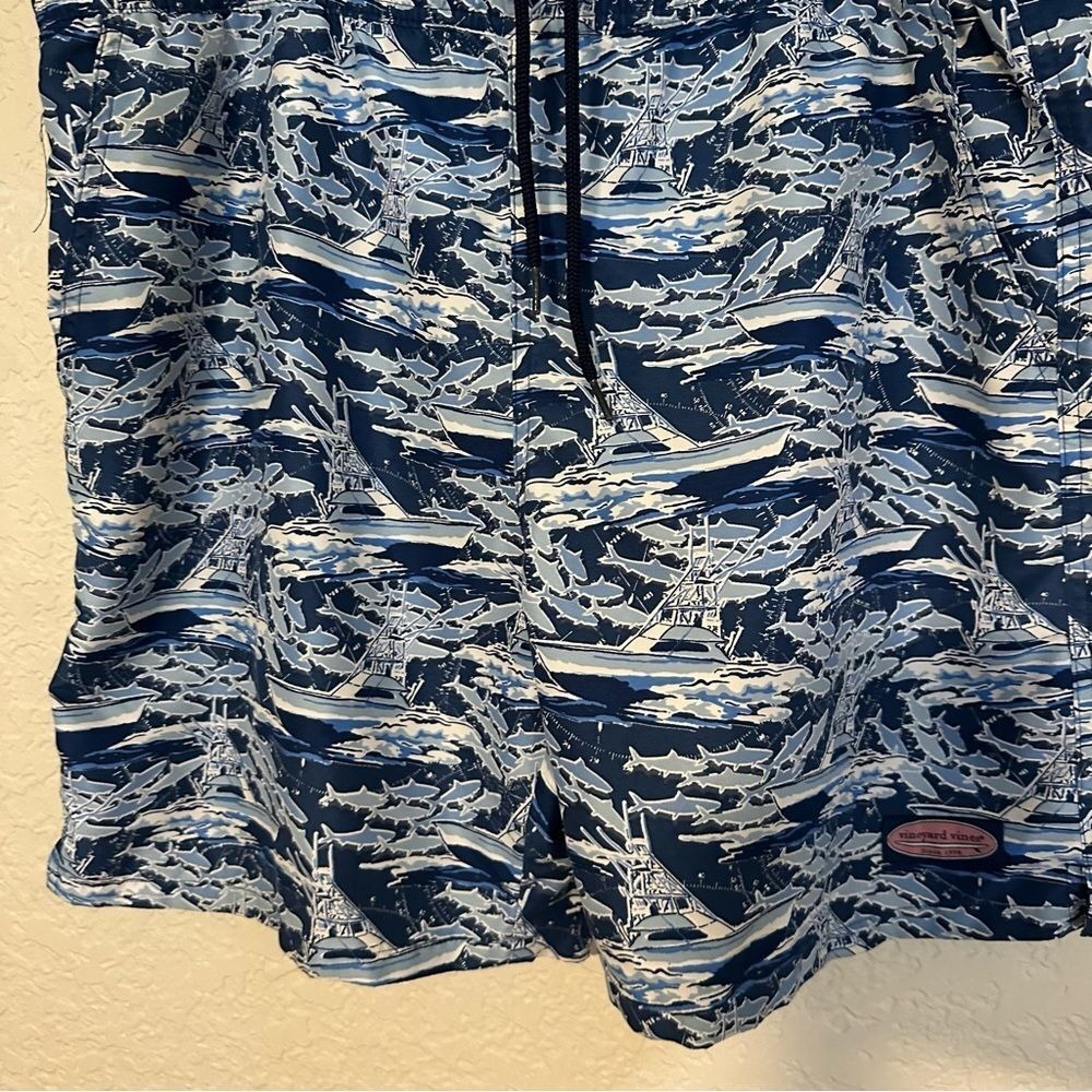Vineyard Vines Swim Trunks M Blue Shark Boat Print Chappy Shorts Fishing Beach - Picture 9 of 11